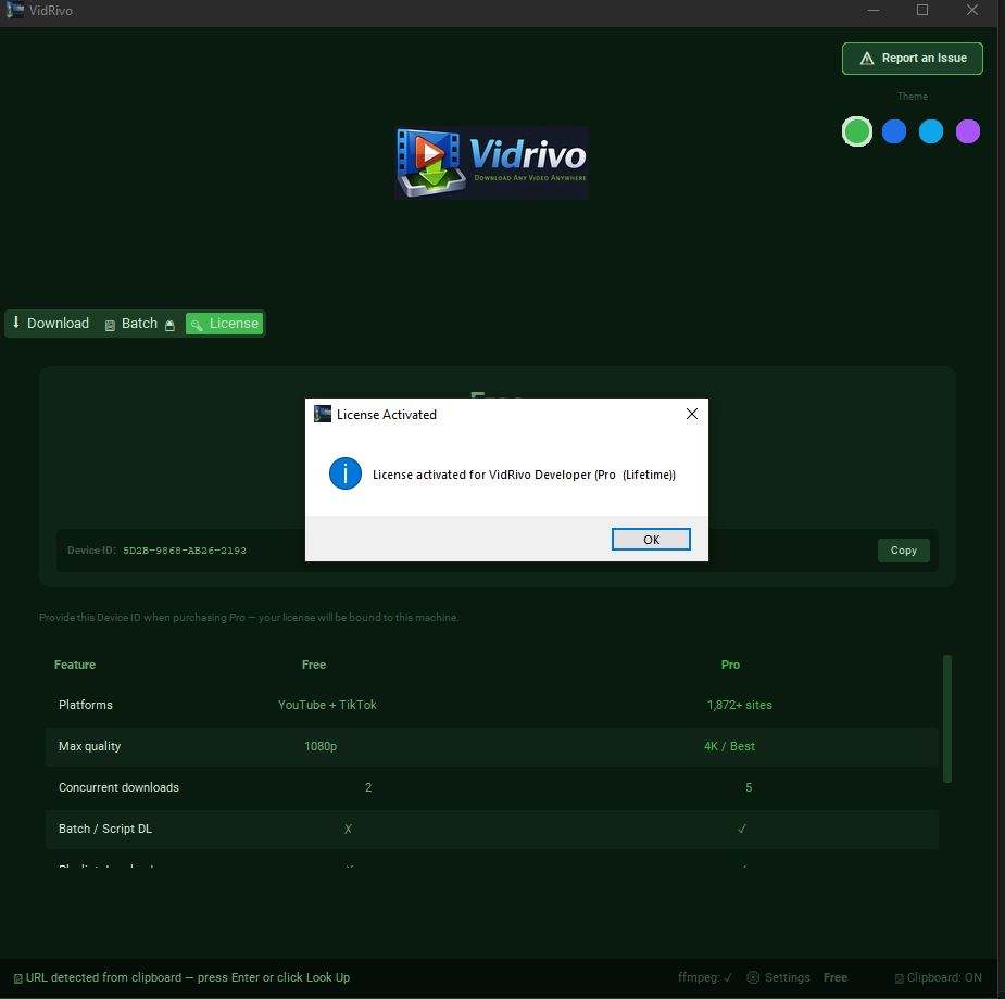 License Activated confirmation dialog