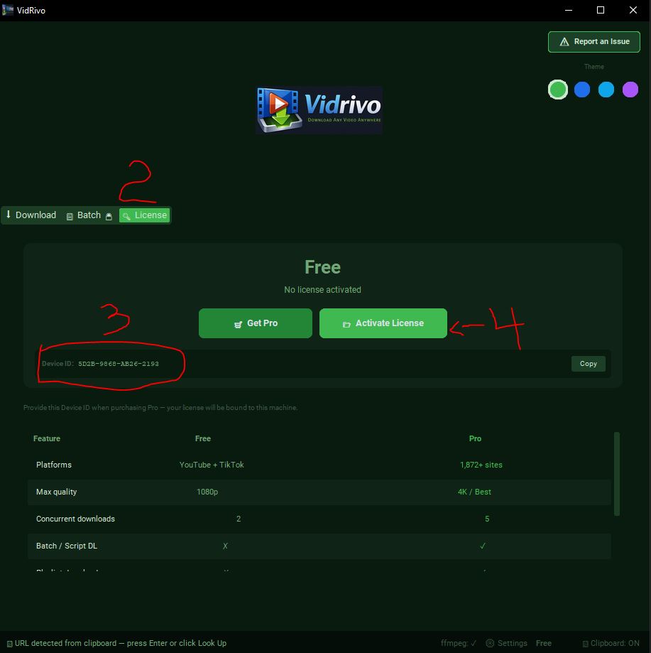 License tab showing Free status, Device ID, Get Pro and Activate License buttons