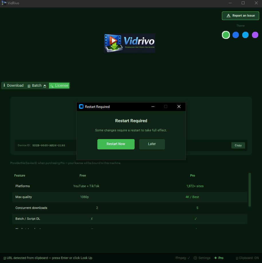 Restart Required dialog with Restart Now and Later buttons